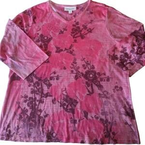 BRECKENRIDGE Pink Floral Striped Sublimation Striped 3/4 Sleeve V-Neck Tee 1X